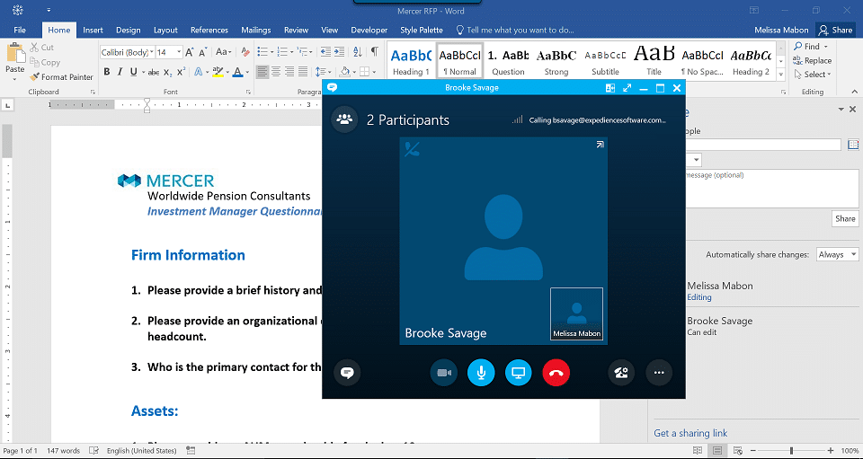 Select Skype to video conference with co-author from within Microsoft Word 2016