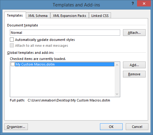Templates and Add-ins window